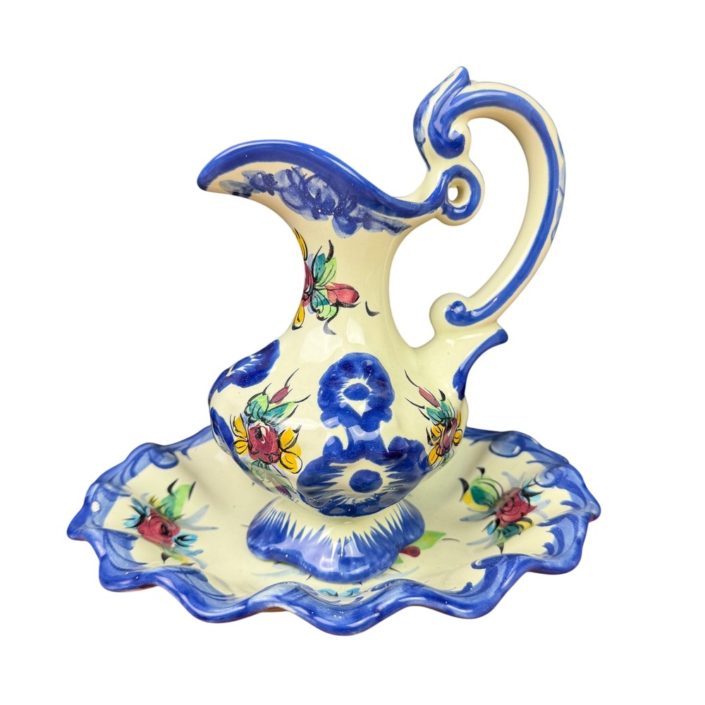 Portugal Pitcher & Basin Set Floral Ceramic Blue Yellow 7.5in Vintage Pottery